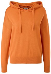 Hoodie orange en tricot avec manches longues, cordon de serrage ajustable, et poignets et ourlet côtelés, présenté sur un fond blanc uni.