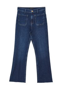 Jeans a zampa d'elefante blu scuro in denim, con chiusura a bottone, due tasche frontali e due tasche posteriori, con orlo sfrangiato.