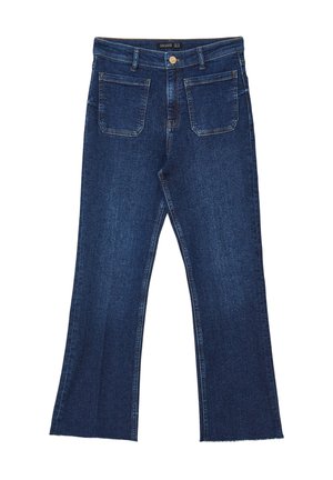 Dunkelblaue, ausgestellte Jeans aus Denim mit Knopfverschluss, zwei Fronttaschen und zwei Gesäßtaschen sowie einem fransigen Saum.