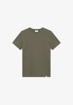 Olive green cotton t-shirt with short sleeves, crew neck, and a small logo on the chest. Smooth texture and relaxed fit.