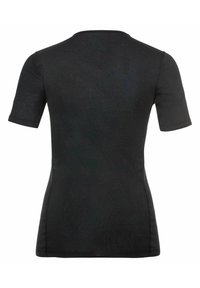 Zwarte T-shirt met korte mouwen en ronde hals, met een gladde textuur en een aansluitende pasvorm, zonder zichtbare patronen of accenten.