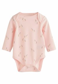 Un ensemble pour bébé rose à manches longues, avec un motif de licorne coloré. Fabriqué en tissu doux, il dispose d'une fermeture à pression au bas.