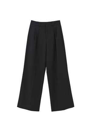 Mustat, leveälahkeiset housut, joissa on laskostettu edusta, räätälöity vyötärö ja sileä pinta, siisti leikku ja ilman näkyvää metalliosaa.