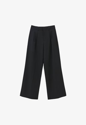 Mustat, leveälahkeiset housut, joissa on laskostettu edusta, räätälöity vyötärö ja sileä pinta, siisti leikku ja ilman näkyvää metalliosaa.