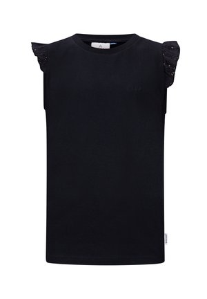 Zwart mouwloos shirt van zachte katoen. Heeft geraffineerde kanten accenten op de schouders en een subtiele reliëflogo op de voorkant.