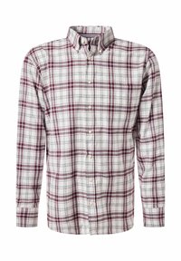 Lange mouw knoop-up shirt van katoen, met een witte basis en een rood-blauw ruitpatroon en een klassiek kraagontwerp.