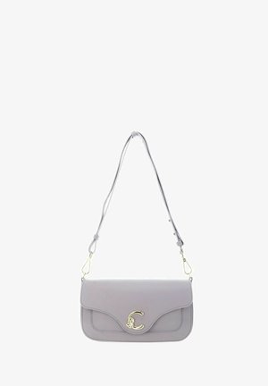 Small light gray leather shoulder bag with adjustable strap and gold-tone "C" logo clasp on front flap closure.