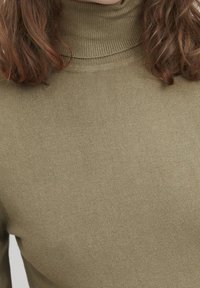 Olivgrön polotröja i ett mjukt, stickat tyg med en figurnära design och ribbat halsmudd. Slät textur utan synliga mönster.