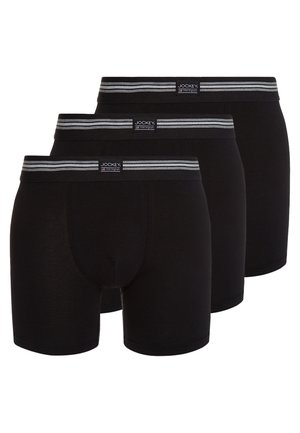 Schwarze Boxershorts aus weichem Stoff mit einem graustreifen Taillenbund. Drei Paare sichtbar, die ein konturiertes Pouch-Design aufweisen.