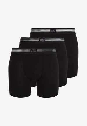 Boxer briefs neri realizzati in tessuto morbido con una cintura a strisce grigie. Tre paia visibili, con un design a tasca sagomata.