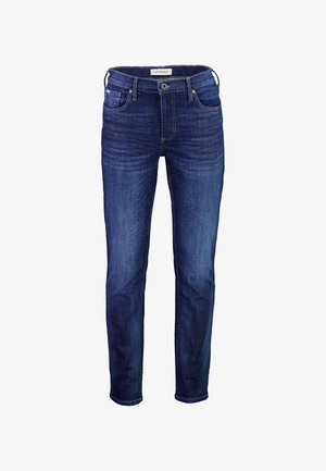 Mörkblå denimjeans med en klassisk design med fem fickor, dragkedja och lätt blekning på låren för textur. Rak benform.