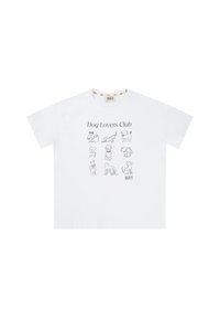 Witte katoenen t-shirt met de tekst "Dog Lovers Club" en negen hondenillustraties. Klassieke ronde hals met korte mouwen. Eenvoudig ontwerp.
