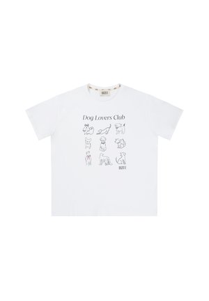 Witte katoenen t-shirt met de tekst "Dog Lovers Club" en negen hondenillustraties. Klassieke ronde hals met korte mouwen. Eenvoudig ontwerp.
