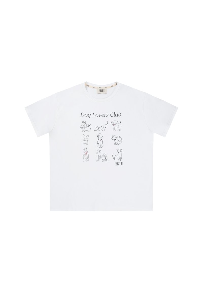 Witte katoenen t-shirt met de tekst "Dog Lovers Club" en negen hondenillustraties. Klassieke ronde hals met korte mouwen. Eenvoudig ontwerp.