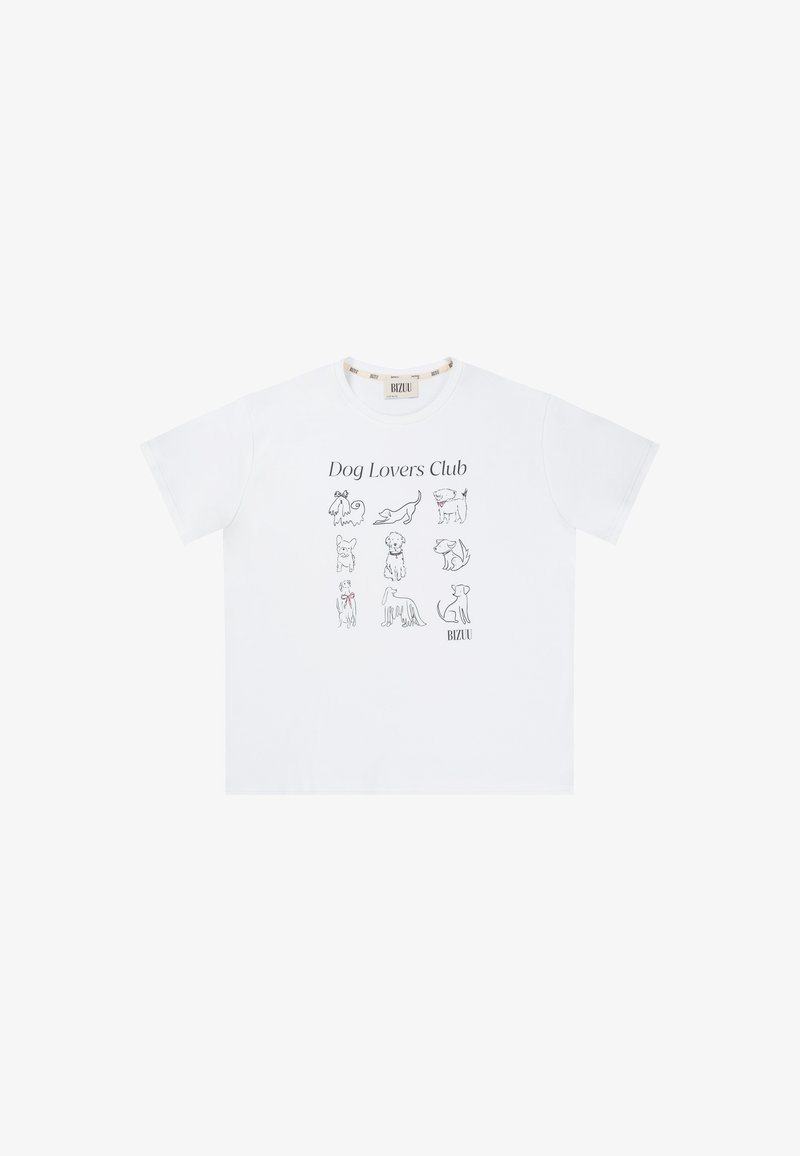 Biała bawełniana koszulka z tekstem "Klub Miłośników Psów" oraz dziewięcioma ilustracjami psów. Klasyczny okrągły dekolt i krótkie rękawy. Prosty design.