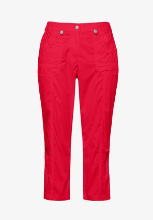 Pantalones ligeros rojos con dos bolsillos laterales, cierre de botones y corte recto; textura suave y tejido transpirable.