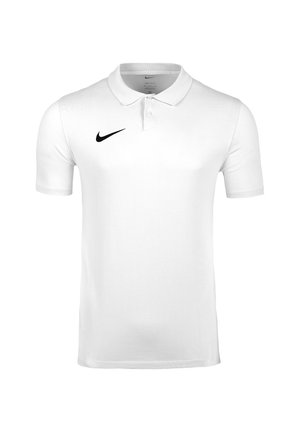 Weißes Polohemd mit kurzen Ärmeln, Kragen und zwei Knöpfen, mit einem schwarzen Nike Swoosh-Logo auf der rechten Brust.