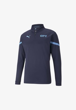 Navy long-sleeve pullover, half-zip design. Features light blue accents and "CITY" text. Made of smooth, breathable fabric with a sporty look.