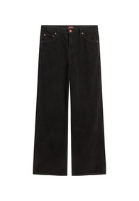 Zwarte corduroy broek met wijde pijpen, voorzien van een ribbeltextuur, vijf zakken, metalen hardware en een knoopsluiting in de taille.