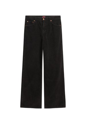 Zwarte corduroy broek met wijde pijpen, voorzien van een ribbeltextuur, vijf zakken, metalen hardware en een knoopsluiting in de taille.
