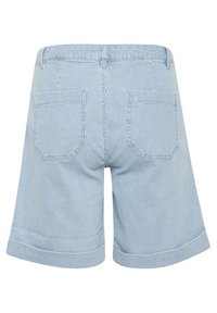 Pantaloni pantaloni a righe blu e bianche con un orlo ampio, due tasche posteriori e un taglio dritto; realizzati in tessuto leggero.