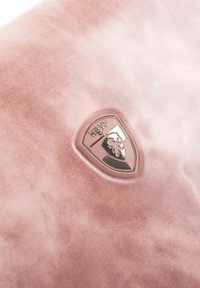 Superficie di una valigia rosa con una texture liscia e lucida e un delicato gradiente. Presenta un logo argentato in rilievo con un emblema di leone.