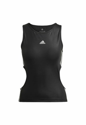 Černý sportovní top bez rukávů s kulatým výstřihem, s vykrojenými stranami a bílým logem Adidas. Vyrobeno z hladkého, elastického materiálu.
