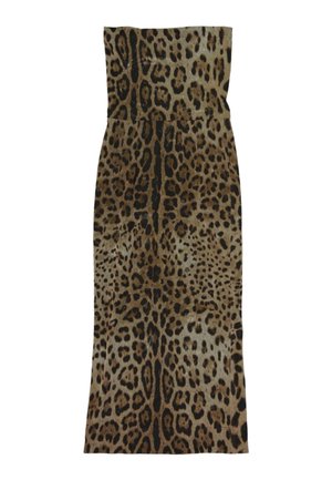 Lang stropløs kjole med tætsiddende talje og brun, sort og tan leopardprint.