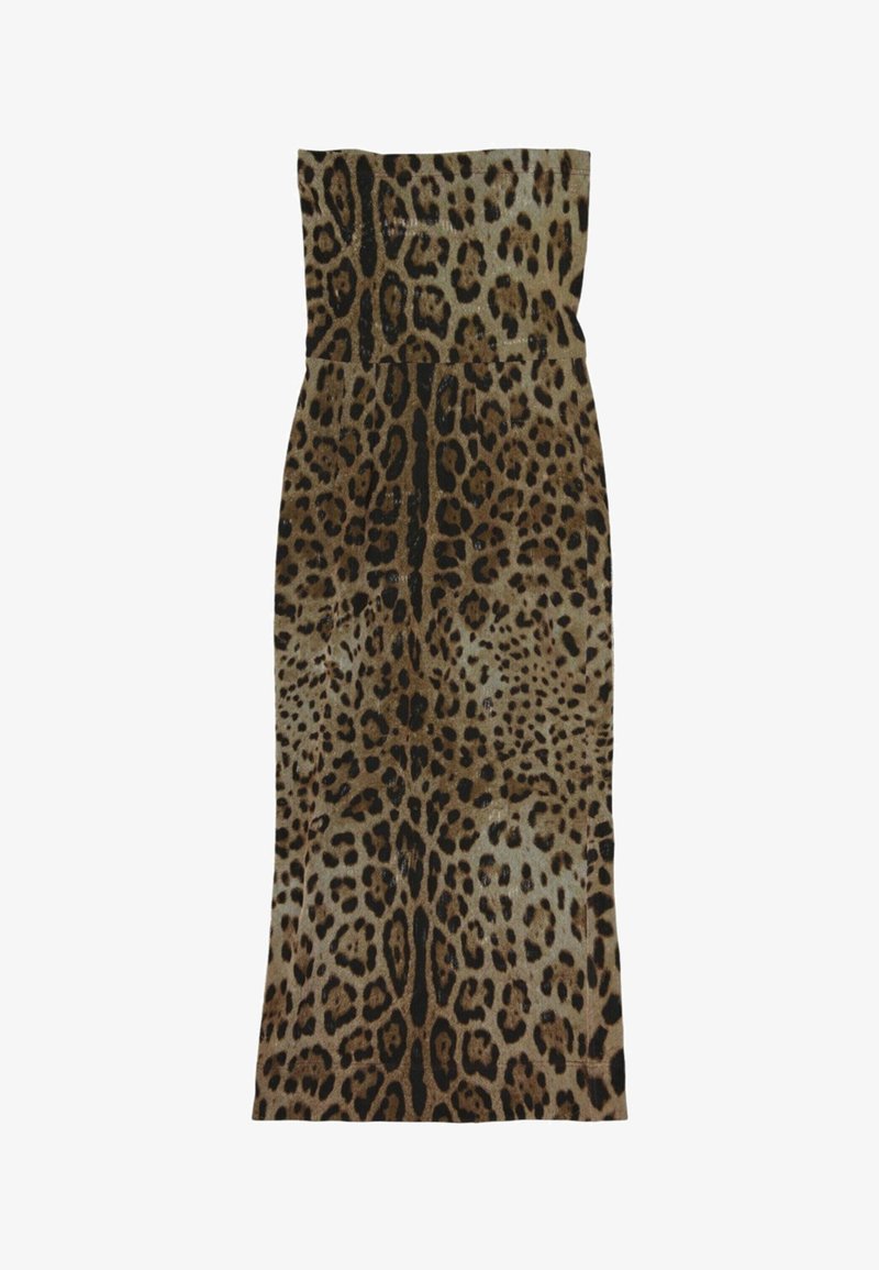 Robe longue bustier avec taille ajustée et motif léopard en marron, noir et beige.