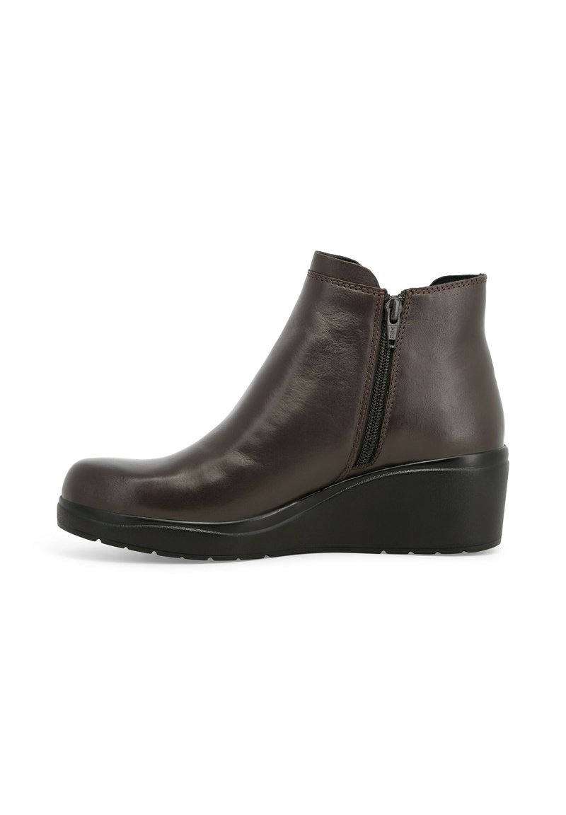 Stivaletto in pelle marrone scuro con cerniera laterale e suola in gomma nera, mostrato in profilo destro su uno sfondo bianco.