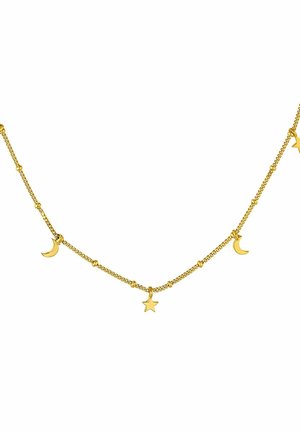 Collar de tono dorado que presenta una cadena delicada con colgantes de luna y estrella, alternando con pequeñas cuentas redondas. Acabado suave y diseño ligero.