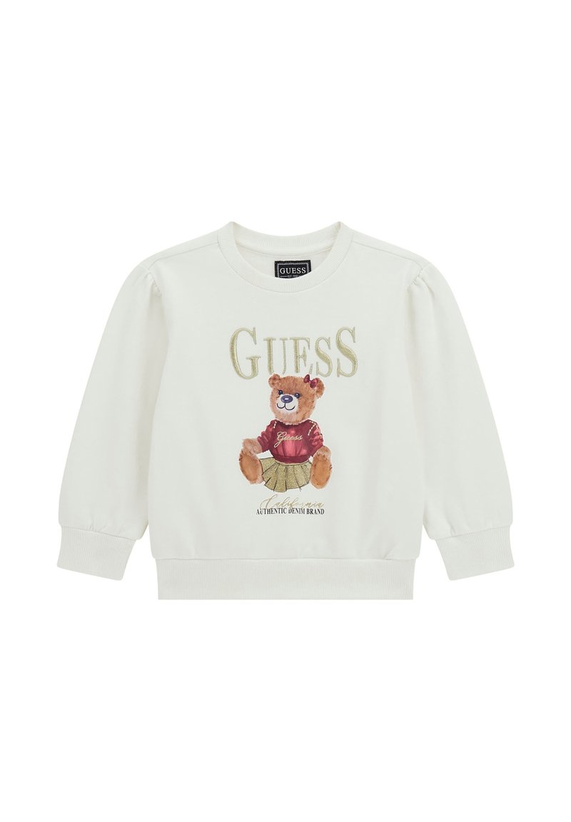 White sweatshirt featuring a graphic of a seated teddy bear in red and gold accents, with puffed sleeves and ribbed cuffs.