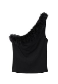 Sort ærmeløs top med asymmetrisk design, udstyret med en fluffy sort kant langs den ene skulder, blød tekstur og strækbart stof.