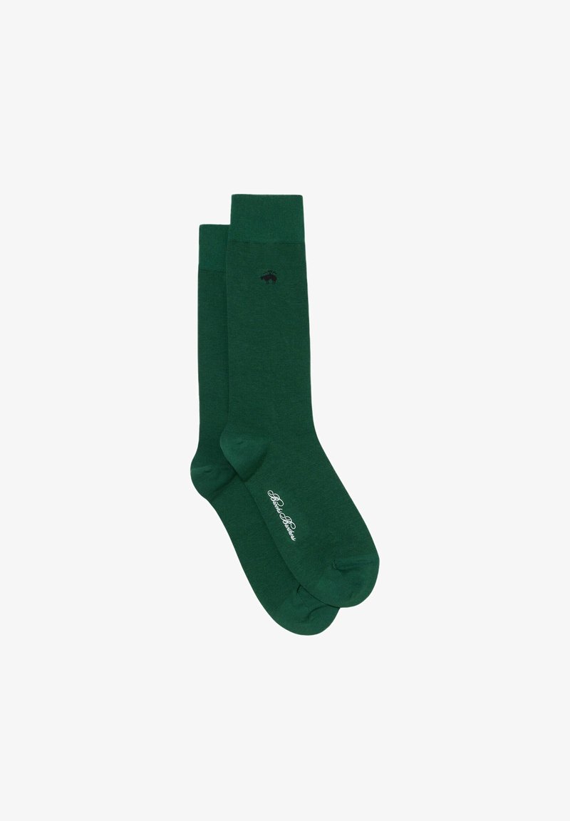 Grüne Socken aus weichem Material in einfarbigem Design, mit einem kleinen schwarzen Logo und weißem Text an der Seite.