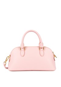 Borsa a mano in pelle rosa con texture liscia, forma arrotondata, dettagli in metallo dorato, doppi manici e una tracolla rimovibile.
