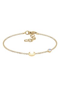 Guldkedjearmband med ett halvmånehängsmycke och en rund opalescent pärla, med en delikat länkdessäign och en kräftklon.