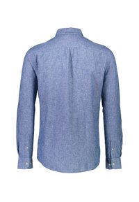 Camicia blu a maniche lunghe con colletto a bottone. Realizzata in tessuto leggero, presenta una superficie testurizzata e polsini con bottone. Vista posteriore mostrata.