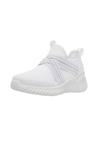 Scarpe da ginnastica bianche con tomaia testurizzata e cinturini incrociati elastici. Suola spessa e rigida per un buon ammortizzamento. Design semplice e minimalista.