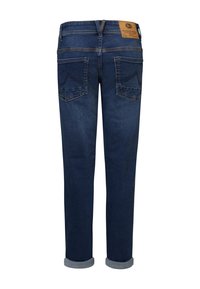 Tmavě modré džíny s rovým střihem, s ohrnutými manžetami, dvěma zadními kapsami s prošíváním a koženou značkovou etiketou na pásku.