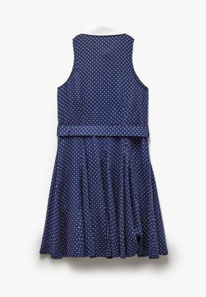 Ärmelloses navy Kleid mit weißen Punkten, gerafftem Rock und tailliertem Bund. Glatter Stoff und klassisches Kragen-Detail.