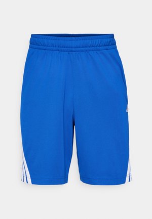 Zili sporta šorti ar elastīgu jostu, sānu baltajiem akcentiem un gludu, vieglu audumu. Vidēja garuma ar taisnu griezumu.