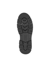 Suola di scarpa in gomma nera con profonde scanalature e una superficie testurizzata, caratterizzata da un motivo a zigzag e un'apertura circolare centrale per una maggiore aderenza.