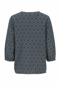 Schwarze Bluse mit blauem Blattmuster, Rundhalsausschnitt, 3/4-Ärmel und lockerer Passform. Glattes Gewebe mit leichtem Glanz und gerafften Ärmeldetails.