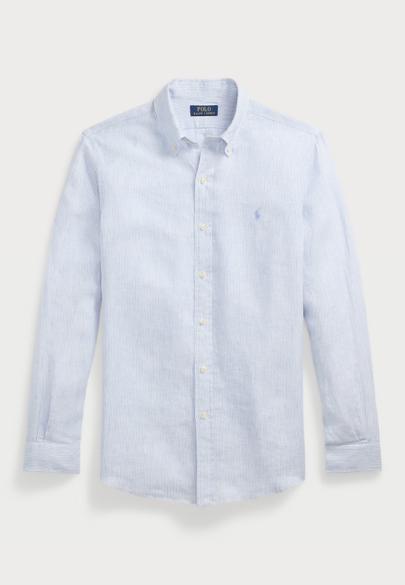 Lichtblau gestreepte overhemd met lange mouwen, button-down kraag, voorzijde met placket en knopen, klein logo op de borst, katoen stof, slim fit.