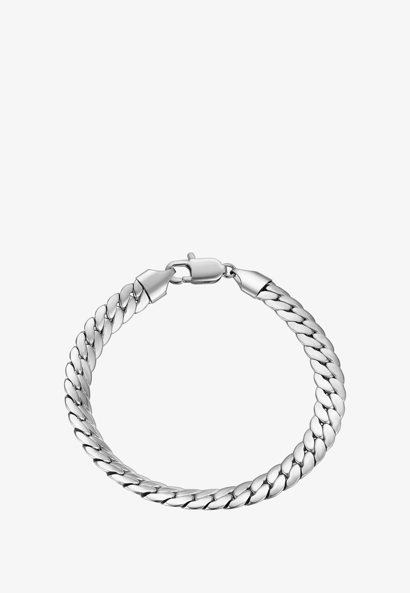 Pulsera de cadena de plata con eslabones entrelazados, que presenta un acabado pulido y un cierre seguro. Textura suave y diseño simétrico.