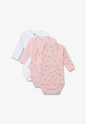 Set aus drei Baby-Stramplern mit langen Ärmeln: einer in Weiß, einer in Hellrosa und einer in Pink mit rotem Regenbogenmuster. Hergestellt aus weicher, biologischer Baumwolle.