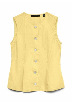 Blouse sans manches en mélange de lin jaune avec encolure ronde et six boutons blancs sur le devant, coupe cintrée.