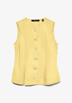 Bezrokains dzeltenas krāsas lina maisījuma blūze ar apaļu kakla izgriezumu un sešām baltām pogām uz priekšu, pieguļošs siluets.