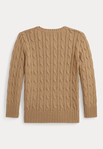 Maglione beige a maniche lunghe con lavorazione a treccia, con polsini, scollo e orlo a coste, mostrato disteso su sfondo chiaro.
