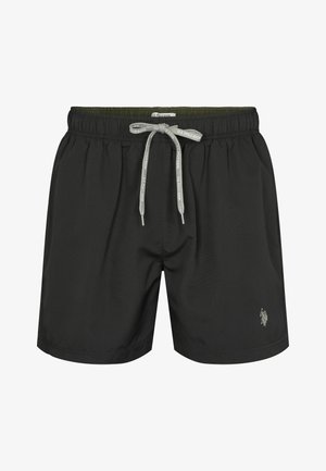 Mustat uimalyhyet, elastisella vyötärönauhalla, narukiinnityksellä, kevyestä kankaasta ja pienellä logolla oikeassa alakulmassa.